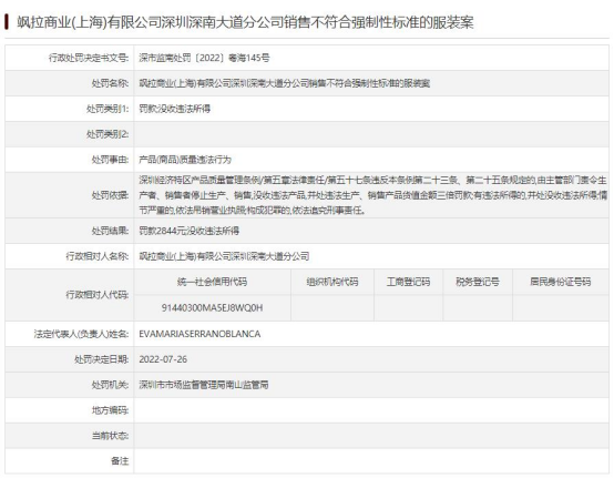 ZARA深圳某分公司被罚 销售不符合强制性标准的服装(图1)